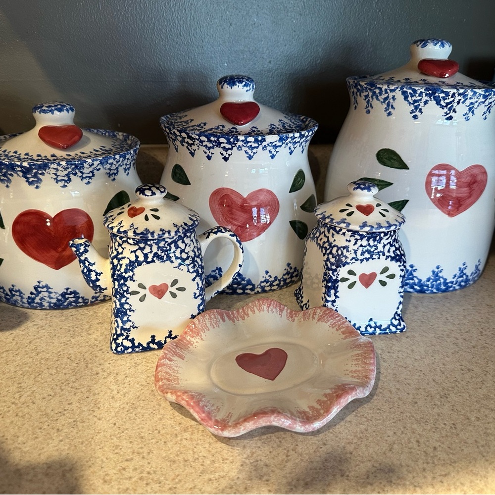 Vintage Heart Canisters with matching Creamer, Sugar, and Plate